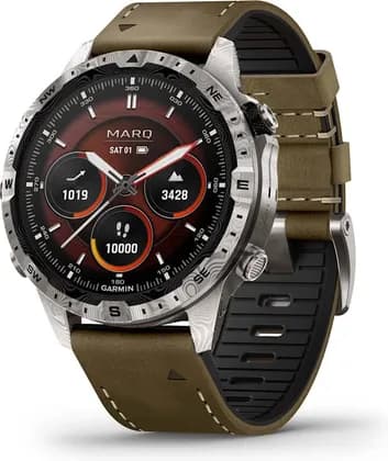 Garmin MARQ Adventurer Gen 2 Damascus Steel Edition Premium Tool Smartwatch, 46mm, 1.2 Inch AMOLED Display, Sapphire Glass, 10 ATM, Brown Leather Band | 010-03393-31