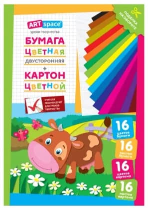 Набор цв. немел.картона 16л. и двусторон.газет.цв.бумаги 16л, A4, ArtSpace, в папке, "Коровка"