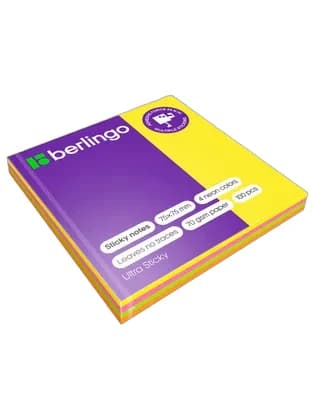 Самоклеящийся блок Berlingo "Ultra Sticky", 75*75мм, 100л., 4 неоновых цвета