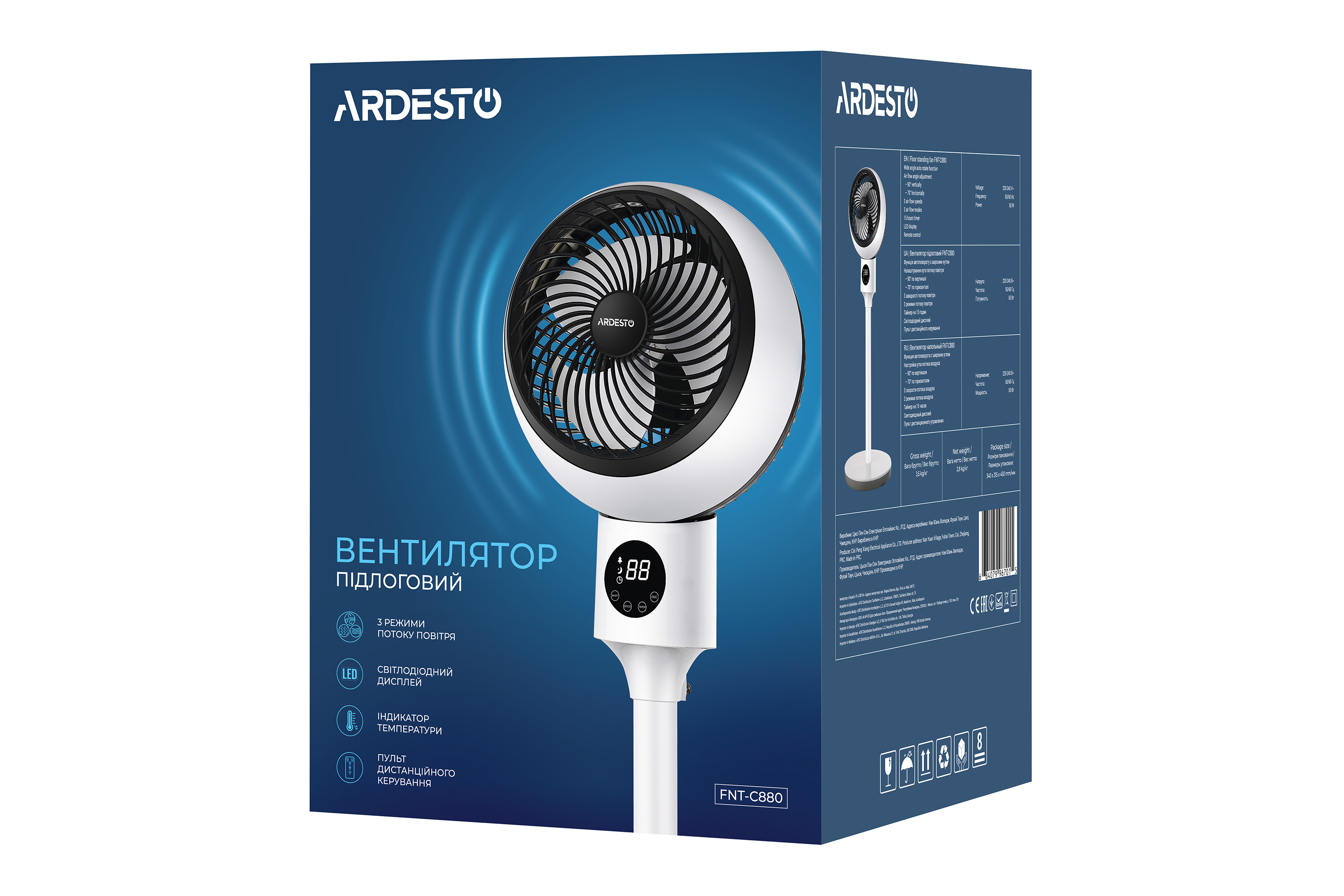 Вентилятор Напольный Ardesto Fnt-C880, Высота 88 См, Дисплей, Таймер, Пульт Ду, Белый/Чёрный