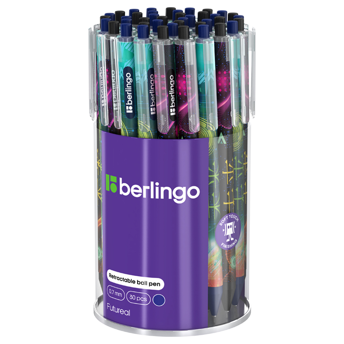 Ручка шариковая автоматическая Berlingo "Futureal" синяя, 0,7мм, грип, рисунок на корпусе, soft-touch, 6шт., пластиковый пен