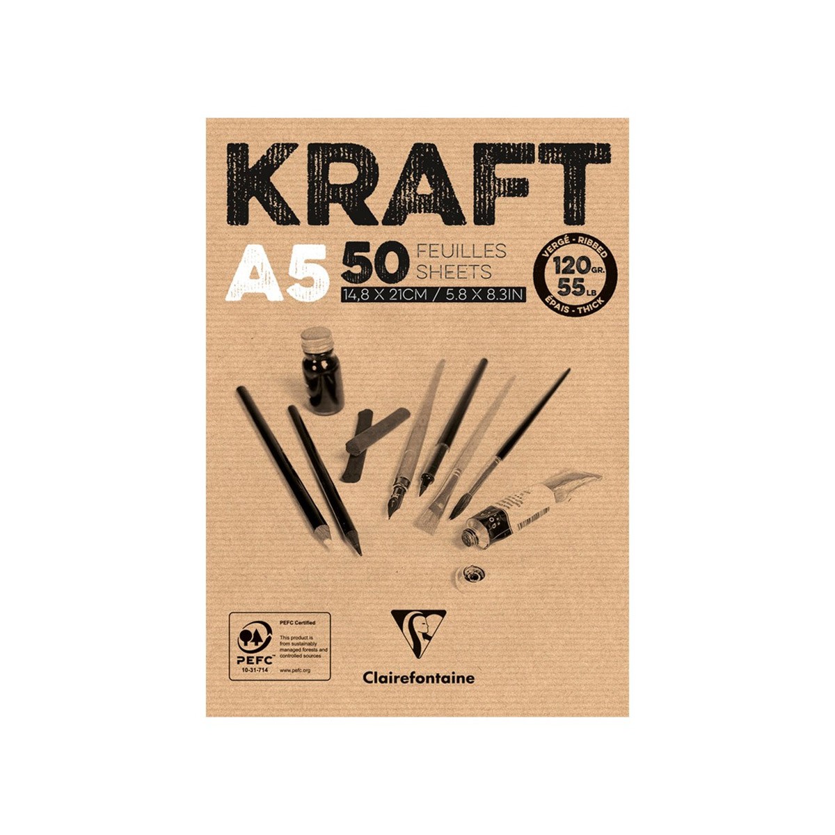 Скетчбук - блокнот 50л. А5 на склейке Clairefontaine "Kraft", 120г/м2, верже, крафт