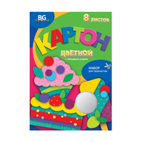 Картон цветной A4, BG, 8л., 8цв., мелованный, с глянцевым узором, в папке, "Пирожное-мороженое"