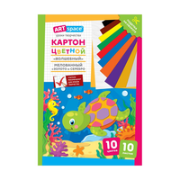 Картон цветной A4, ArtSpace, 10л., 10цв., "Волшебный"(золото,серебро), мелов. в папке, "Черепашка"